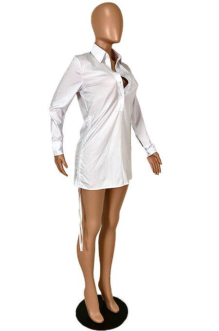White Sexy Long Sleeve Lapel Neck Drawsting Plain Color Shirts Dress YNS1676
