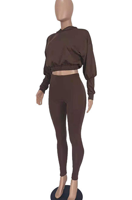 Rose Red Women Pure Color Long Sleeve Fashion Sexy Dew Waist Hooded Tops Sport Pants Sets ED8534-3