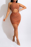 Orange Women Sexy Hollow Out Halter Neck Hot Drilling Hip Bodycon Mid Waist Mini Dress CCY9349-2