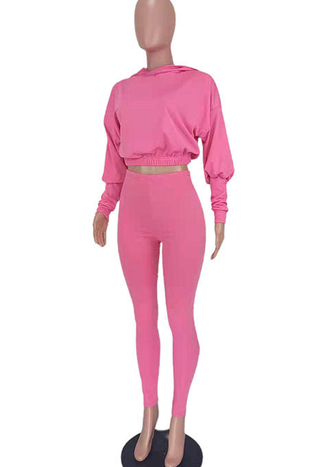 Rose Red Women Pure Color Long Sleeve Fashion Sexy Dew Waist Hooded Tops Sport Pants Sets ED8534-3