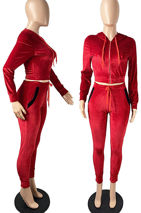 Purple High Quality Velvet Long Sleeve Hoodie Tops Skinny Pants Plain Color Sets YLY128-6