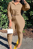 Brown Casual New Long Sleeve Zipeer Loose Tops Skinny Pants Plain Color Sets MOM8029-9