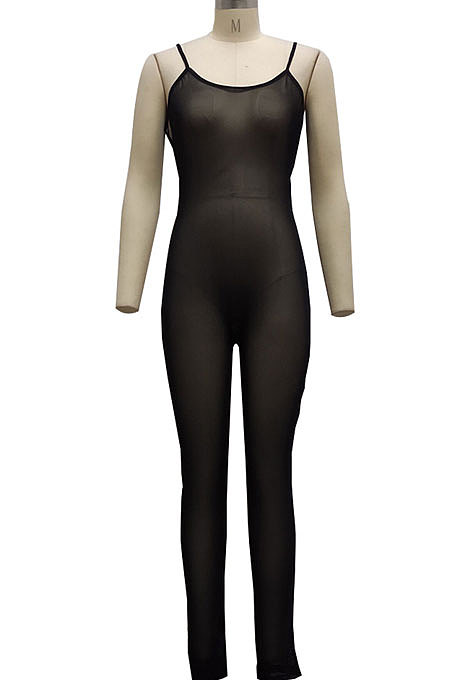Green Sexy Mesh See-Through Condole Belt Slim Fitting Jumpsuits SMR10540-1