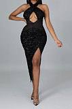 Apricot Women Sexy Party Sequins Irregular Halter Neck Mid Waist Hollow Out Tight Midi Dress CCY9290-1