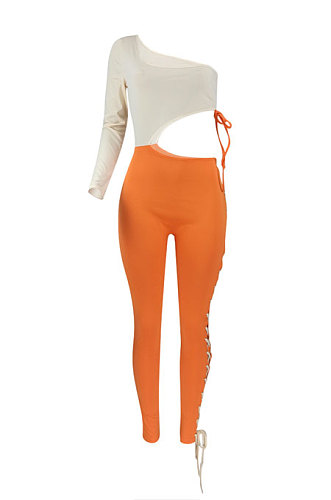 Orange Sexy Solid Color Single Sleeve Dew Waist Tied Tight Mid Waist Bodycon Jumpsuits ED1069