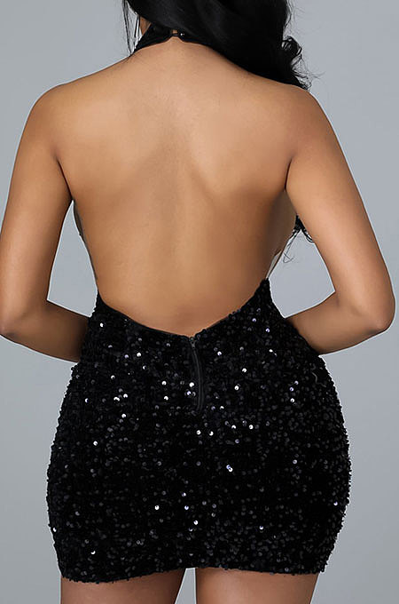 Yellow Euramerican Women Sexy Club Backless Perspectivity Sequins Crop Hip Mini Dress CCY9322-1