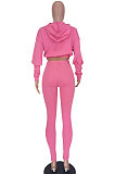 Black Women Pure Color Long Sleeve Fashion Sexy Dew Waist Hooded Tops Sport Pants Sets ED8534-1