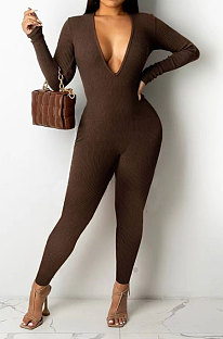 Dark Coffee Women Sexy Deep V Collar Pure Color Bodycon Jumpsuits BYQ1036-2