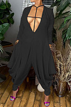 Black Wholesale Pure Color Long Sleeve Deep V Neck Collect Waist Jumpsuits YNS1673-1