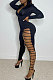 Black Women Pure Color Sexy Chain Long Sleeve Zipper Hollow Out Bodycon Jumpsuits ED1065-1