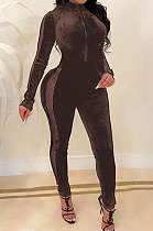 Dark Coffee  Women Korea Velvet Thick Sexy Gridding Spliced High Waist Bodycon Jumpsuits BYQ1039-2