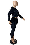 Black High Quality Velvet Long Sleeve Hoodie Tops Skinny Pants Plain Color Sets YLY128-1