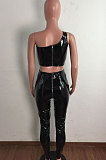 Black Women's Lether Sleeveless Strapless Skinny Pants Slim Fitting Two-Piece LA3296-1
