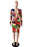 Multicolor Printing Long Sleeve Deep V Neck Bandage Sexy Hip Dress YNS1669