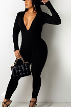 Black Women Sexy Deep V Collar Pure Color Bodycon Jumpsuits BYQ1036-1