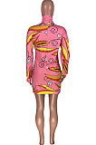 Pink Design Printing Long Sleeve Zip Front Slim Fitting Hip Dress MOM8025