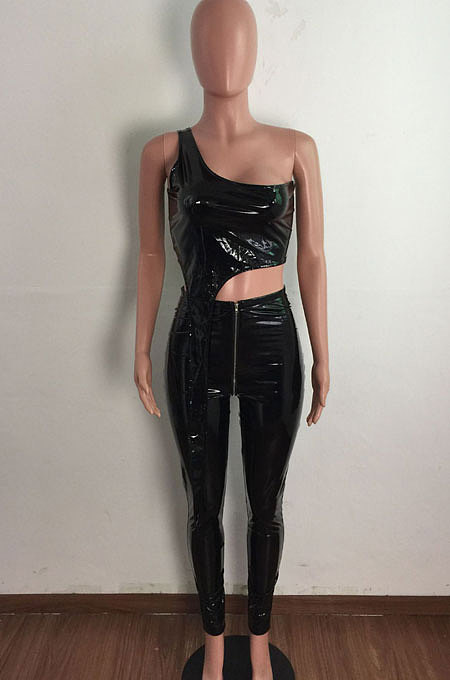Black Women's Lether Sleeveless Strapless Skinny Pants Slim Fitting Two-Piece LA3296-1