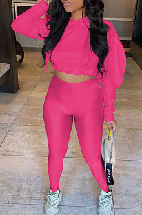 Rose Red Women Pure Color Long Sleeve Fashion Sexy Dew Waist Hooded Tops Sport Pants Sets ED8534-3