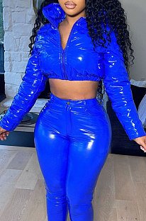 Blue Winter PU Long Sleeve Hooded Cotton Padded Crop Coat LA3295-3