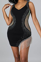 Black Women Sleeveless Fashion Sexy V Collar Backless Perspectivity Tassel Bling Bling Hip Mini Dress CCY9282-1