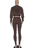 Black Women Pure Color Long Sleeve Fashion Sexy Dew Waist Hooded Tops Sport Pants Sets ED8534-1