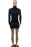 Brown Women Korea Velvet Bodycon Sexy Button Cardigan Mid Wasit Turn-Down Collar Single-Breasted Mini Dress HXF5072-3