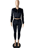 Grey Brown High Quality Velvet Long Sleeve Hoodie Tops Skinny Pants Plain Color Sets YLY128-3