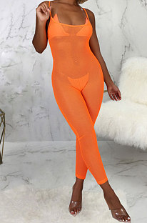 Orange Sexy Mesh See-Through Condole Belt Slim Fitting Jumpsuits SMR10540-3