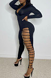 Orange Women Pure Color Sexy Chain Long Sleeve Zipper Hollow Out Bodycon Jumpsuits ED1065-3