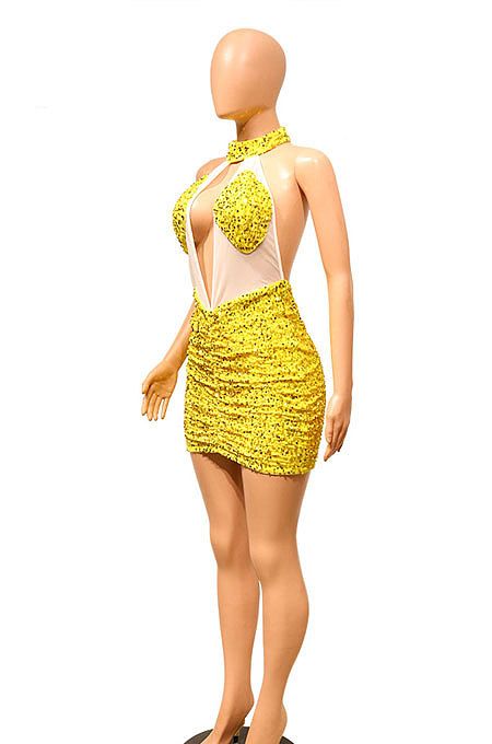 Red Euramerican Women Sexy Club Backless Perspectivity Sequins Crop Hip Mini Dress CCY9322-3