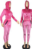 Pink High Quality Velvet Long Sleeve Hoodie Tops Skinny Pants Plain Color Sets YLY128-5