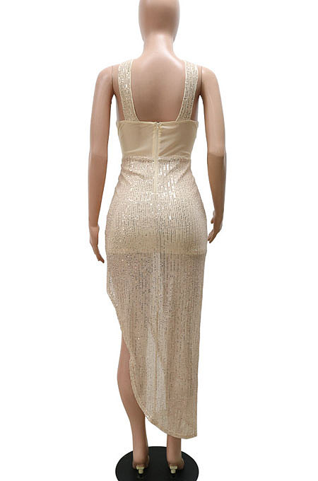 Black Women Sexy Party Sequins Irregular Halter Neck Mid Waist Hollow Out Tight Midi Dress CCY9290-2