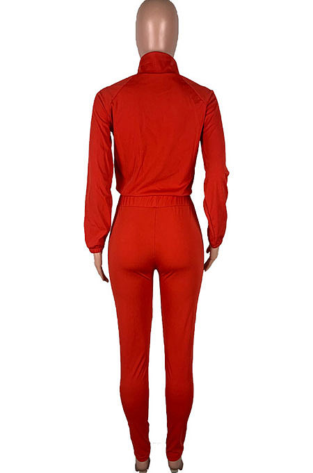 Orange Casual New Long Sleeve Zipeer Loose Tops Skinny Pants Plain Color Sets MOM8029-1