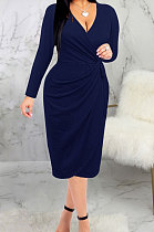Dark Blue High Quality Long Sleeve V Neck Slim Fitting Plain Color Business Dress SMR10276-3