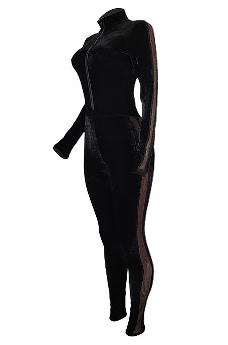 Dark Coffee  Women Korea Velvet Thick Sexy Gridding Spliced High Waist Bodycon Jumpsuits BYQ1039-2