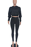 Black Women Pure Color Long Sleeve Fashion Sexy Dew Waist Hooded Tops Sport Pants Sets ED8534-1