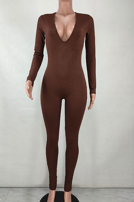 Black Women Sexy Deep V Collar Pure Color Bodycon Jumpsuits BYQ1036-1