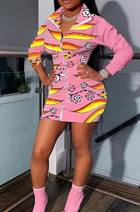 Pink Design Printing Long Sleeve Zip Front Slim Fitting Hip Dress MOM8025