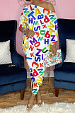 White Fashion Letter Printing Long Sleeve Oblique Shoulder Irregularity Tops Trousers Sets YNS1672