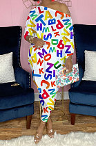 White Fashion Letter Printing Long Sleeve Oblique Shoulder Irregularity Tops Trousers Sets YNS1672