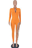 Black Women Pure Color Sexy Chain Long Sleeve Zipper Hollow Out Bodycon Jumpsuits ED1065-1