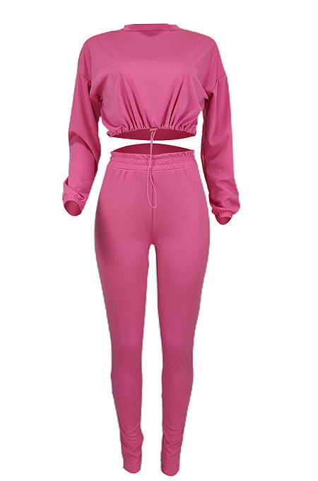 Black Women Long Sleeve Round Collar Solid Color Fashion Dew Waist Drawsting Pants Sets BYQ1035-2