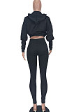 Black Women Pure Color Long Sleeve Fashion Sexy Dew Waist Hooded Tops Sport Pants Sets ED8534-1