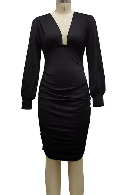 Blue Fashion New Long Sleeve Deep V Neck Collect Waist Bodycon Dress SMR10587-3