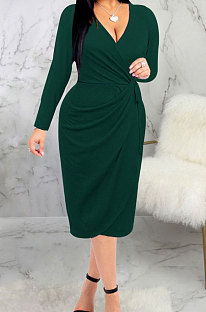 Green High Quality Long Sleeve V Neck Slim Fitting Plain Color Business Dress SMR10276-1
