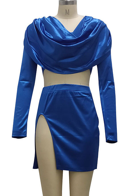 Rose Red Night Club New Long Sleeve Back Zip Crop Tops Split Skirts Plain Color Sets SMR10433-1