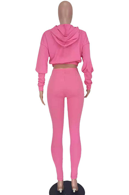 Rose Red Women Pure Color Long Sleeve Fashion Sexy Dew Waist Hooded Tops Sport Pants Sets ED8534-3