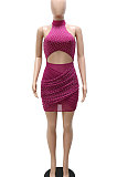 Purple Women Sexy Hollow Out Halter Neck Hot Drilling Hip Bodycon Mid Waist Mini Dress CCY9349-1