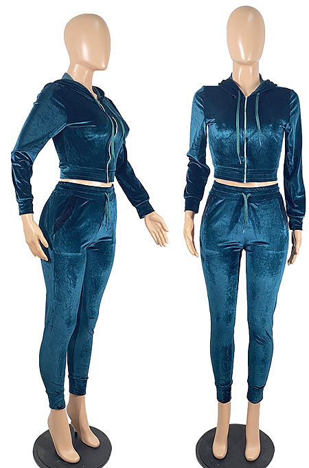 Purple High Quality Velvet Long Sleeve Hoodie Tops Skinny Pants Plain Color Sets YLY128-6