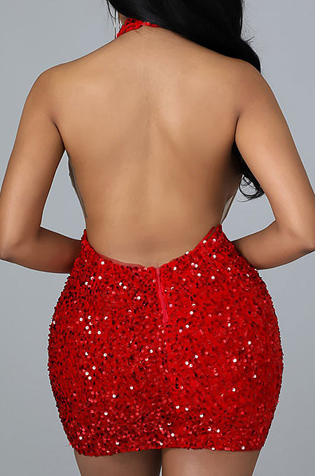 Red Euramerican Women Sexy Club Backless Perspectivity Sequins Crop Hip Mini Dress CCY9322-3